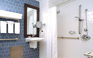 white ceramic sink near stainless steel showerhead HD wallpaper